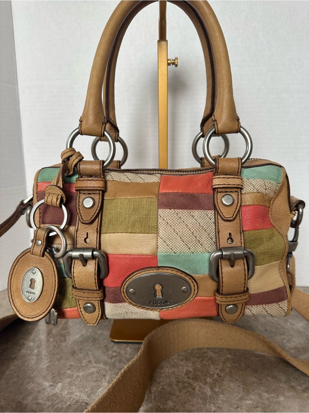 Fossil Maddox Vintage Patchwork Leather Satchel Crossbody Bag Multi-Color Boho